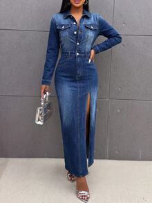 Slaydiva Plus Size Women's Button-Down Denim Midi Dress With Waist Belt & Front Slit, Long Sleeve Snap Closure Fitted Jean Dress With Pockets, Vintage Chic - Medium Wash - View 3