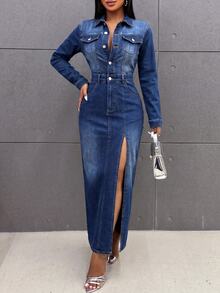 Slaydiva Plus Size Women's Button-Down Denim Midi Dress With Waist Belt & Front Slit, Long Sleeve Snap Closure Fitted Jean Dress With Pockets, Vintage Chic - Medium Wash - View 5
