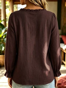 Linhara CURVE Women's Solid Color Tie-Front Frill Trim Casual Racing Long Sleeve Blouse, Spring/Autumn Vacation Formal Brown Fall - Coffee Brown - View 2