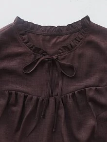 Linhara CURVE Women's Solid Color Tie-Front Frill Trim Casual Racing Long Sleeve Blouse, Spring/Autumn Vacation Formal Brown Fall - Coffee Brown - View 7