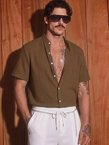 AKNOTIC 2pcs/Set Men's Casual Tropical Modest Woven Stand Collar Small V-Neck Short Sleeve Shirt Set Halloween Summer Party Vacation Brown White - Multicolor - View 9