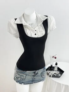 Elamini Women's Polka Dot Patchwork Lace Trim Contrast Color Waist Short Sleeve Tops Summer - Black and White - View 5
