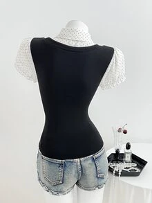Elamini Women's Polka Dot Patchwork Lace Trim Contrast Color Waist Short Sleeve Tops Summer - Black and White - View 2