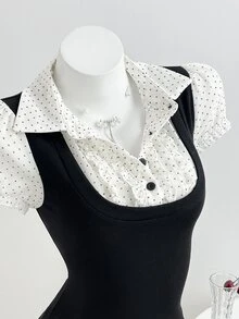 Elamini Women's Polka Dot Patchwork Lace Trim Contrast Color Waist Short Sleeve Tops Summer - Black and White - View 7