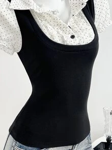 Elamini Women's Polka Dot Patchwork Lace Trim Contrast Color Waist Short Sleeve Tops Summer - Black and White - View 6