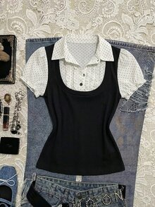 Elamini Women's Polka Dot Patchwork Lace Trim Contrast Color Waist Short Sleeve Tops Summer - Black and White - View 3