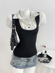 Elamini Women's Polka Dot Patchwork Lace Trim Contrast Color Waist Short Sleeve Tops Summer - Black and White - View 4