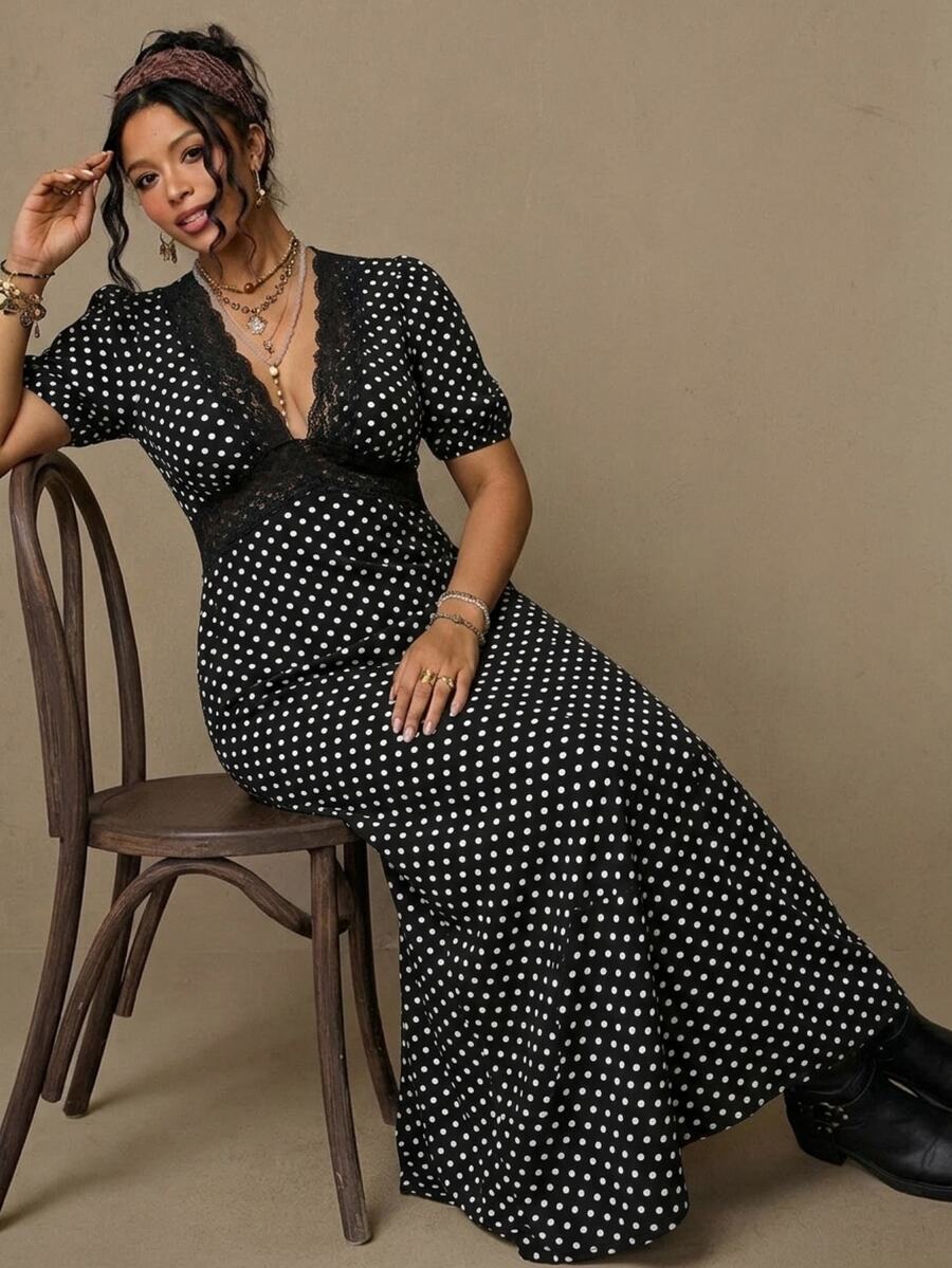 Freevana Plus Size Women's Fashion Polka Dot Lace Patchwork Romantic Dress - Black - View 1