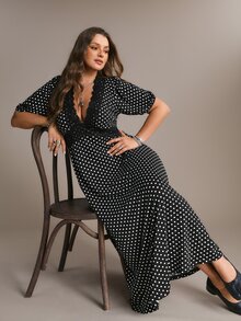 Freevana Plus Size Women's Fashion Polka Dot Lace Patchwork Romantic Dress - Black - View 7