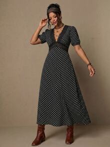 Freevana Plus Size Women's Fashion Polka Dot Lace Patchwork Romantic Dress - Black - View 9