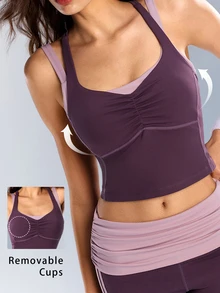 VARSIVA Women's Cross-Back Backless Tank Top In Dark Purple And Pink With Built-In Bra Pads, Perfect For Casual Sporty Workouts, Including Yoga And Pilates. - Purple - View 1