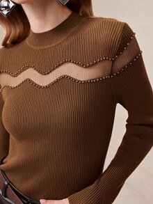 Arave Women's Top Slim Fit Knit Mesh Chest Cutout Wave Patchwork Beaded High Neck Long Sleeve Modern Brown Fall Clothes For Women - Coffee Brown - View 9