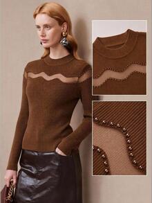 Arave Women's Top Slim Fit Knit Mesh Chest Cutout Wave Patchwork Beaded High Neck Long Sleeve Modern Brown Fall Clothes For Women - Coffee Brown - View 12