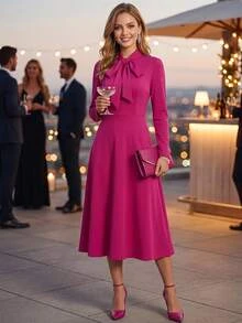 Editum Women's Solid Color Collar Casual Party Mid-Length Dress - Hot Pink - View 3