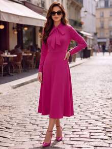 Editum Women's Solid Color Collar Casual Party Mid-Length Dress - Hot Pink - View 8