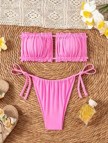 SHEIN Swim Women's Summer Beach Solid Color Bandeau Bikini Top And Triangle Bottom Two-Piece Swimwear Set - Pink - View 6