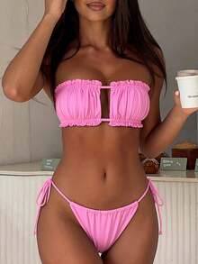 SHEIN Swim Women's Summer Beach Solid Color Bandeau Bikini Top And Triangle Bottom Two-Piece Swimwear Set - Pink - View 5