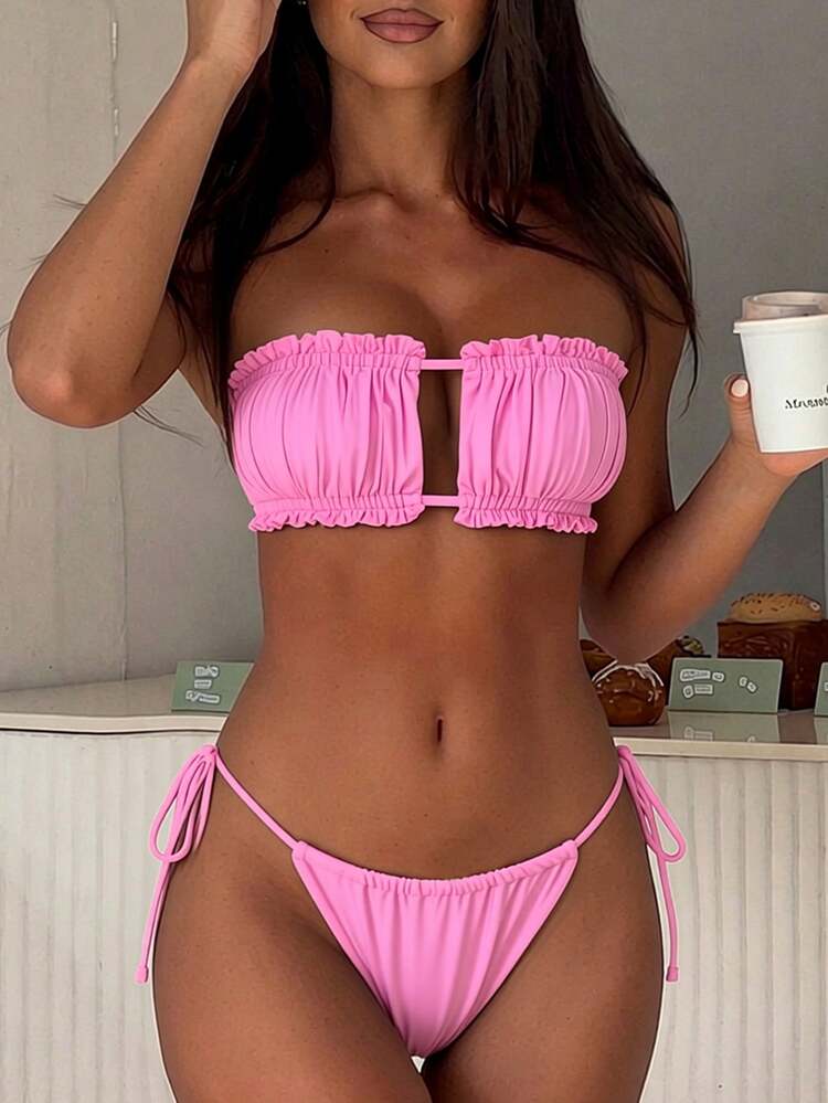 SHEIN Swim Women's Summer Beach Solid Color Bandeau Bikini Top And Triangle Bottom Two-Piece Swimwear Set - Pink - View 4