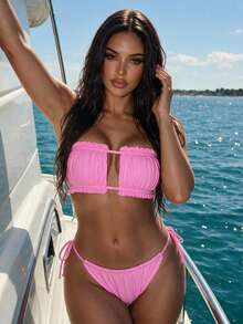 SHEIN Swim Women's Summer Beach Solid Color Bandeau Bikini Top And Triangle Bottom Two-Piece Swimwear Set - Pink - View 2