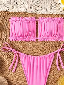 SHEIN Swim Women's Summer Beach Solid Color Bandeau Bikini Top And Triangle Bottom Two-Piece Swimwear Set - Pink - View 3