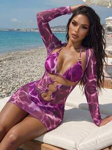 SHEIN Swim Summer Beach Marble Print Ring Linked Halter Triangle Bikini Set With Cover Up - Multicolor - View 1
