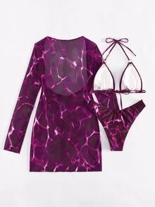 SHEIN Swim Summer Beach Marble Print Ring Linked Halter Triangle Bikini Set With Cover Up - Multicolor - View 5