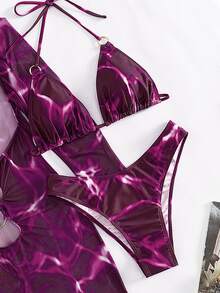 SHEIN Swim Summer Beach Marble Print Ring Linked Halter Triangle Bikini Set With Cover Up - Multicolor - View 6