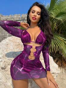 SHEIN Swim Summer Beach Marble Print Ring Linked Halter Triangle Bikini Set With Cover Up - Multicolor - View 3