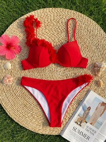 SHEIN Swim Sleeveless Red Bikini For Women With Plant Pattern Appliques And Cheeky Style Bottom - Red - View 4