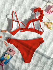 SHEIN Swim Sleeveless Red Bikini For Women With Plant Pattern Appliques And Cheeky Style Bottom - Red - View 7
