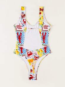 SHEIN Swim 女款全印花連身泳衣，適合海灘度假、泳池派對、海灘派對 - 彩色 - 查看 7