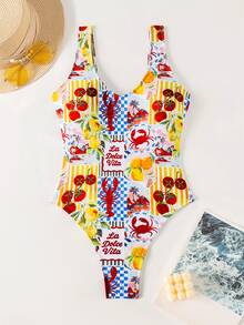 SHEIN Swim 女款全印花連身泳衣，適合海灘度假、泳池派對、海灘派對 - 彩色 - 查看 6