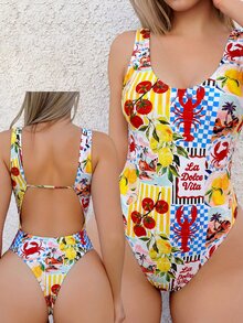 SHEIN Swim 女款全印花連身泳衣，適合海灘度假、泳池派對、海灘派對 - 彩色 - 查看 4