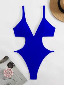 SHEIN Swim 新款深V领镂空性感露背连体泳衣，夏季 - 寶藍色 - 查看 5