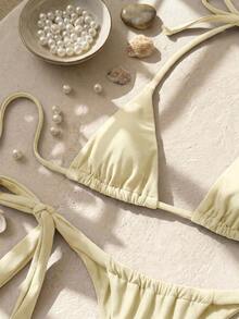 SHEIN Swim Brad Style Sexy Mini Cup Bowknot Strap Women's Bikini Set Beach Party Yellow Summer - Light Yellow - View 3