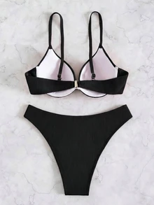 SHEIN Swim Steel Boned Solid Color Twist Front Bandeau Bikini Set - Black - View 2