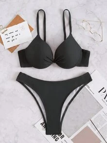SHEIN Swim Steel Boned Solid Color Twist Front Bandeau Bikini Set - Black - View 4