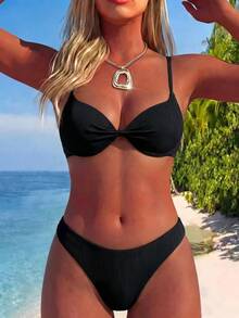 SHEIN Swim Steel Boned Solid Color Twist Front Bandeau Bikini Set - Black - View 3