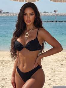 SHEIN Swim Steel Boned Solid Color Twist Front Bandeau Bikini Set - Black - View 1
