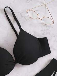 SHEIN Swim Steel Boned Solid Color Twist Front Bandeau Bikini Set - Black - View 5