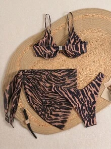 SHEIN Swim 女款夏季海灘全印花休閒比基尼三角泳褲泳衣套裝附迷你裙 - 彩色 - 查看 5