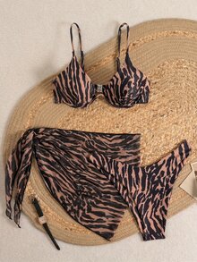 SHEIN Swim 女款夏季海灘全印花休閒比基尼三角泳褲泳衣套裝附迷你裙 - 彩色 - 查看 2