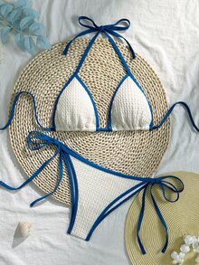 SHEIN Swim Bikini de triángulo halter con textura y detalle de amarre para playa de verano - Beis - Ver 5