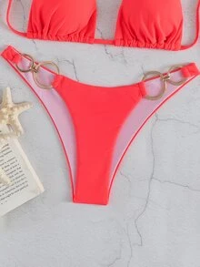 SHEIN Swim Solid Color Sexy Bikini Swimsuit For Beach Vacation - Watermelon Pink - View 6