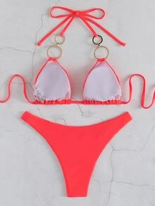SHEIN Swim Solid Color Sexy Bikini Swimsuit For Beach Vacation - Watermelon Pink - View 7