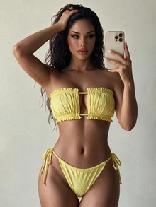 SHEIN Swim Double Fabric Bandeau Bikini Set With Back Tie, High Leg And Side Tie Bikini Bottom - Yellow - View 1
