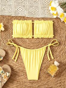 SHEIN Swim Double Fabric Bandeau Bikini Set With Back Tie, High Leg And Side Tie Bikini Bottom - Yellow - View 6