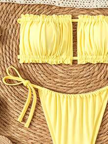 SHEIN Swim Double Fabric Bandeau Bikini Set With Back Tie, High Leg And Side Tie Bikini Bottom - Yellow - View 5