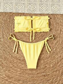 SHEIN Swim Double Fabric Bandeau Bikini Set With Back Tie, High Leg And Side Tie Bikini Bottom - Yellow - View 2