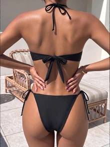 SHEIN Swim Women's Solid Black Cutout Ring One-Piece Swimsuit, Halter Neck Backless, Side Tie String Triangle Bikini Bottom, 2026 Beach Vacation Style - Black - View 2